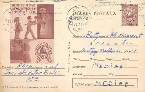 Romania postal stationery postcard iron scrap recycle drive ad 1964