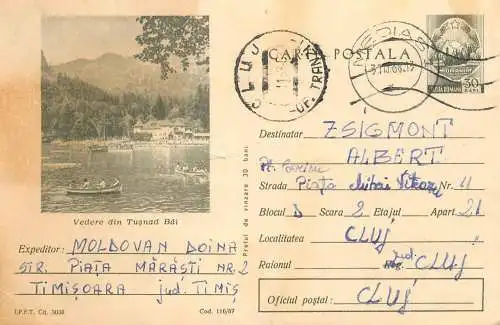 Romania postal stationery postcard Tusnad Bai barca cu vasle 1968