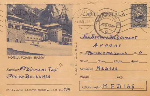 Romania postal stationery postcard Hotel Poiana Brasov 1966 Constantin Diamant Iasi