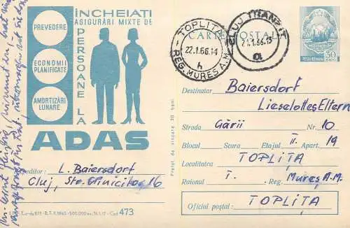 Romania postal stationery postcard asigurari de viata mixte 1966