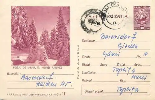 Romania postal stationery postcard peisaj de iarna in muntii Parang