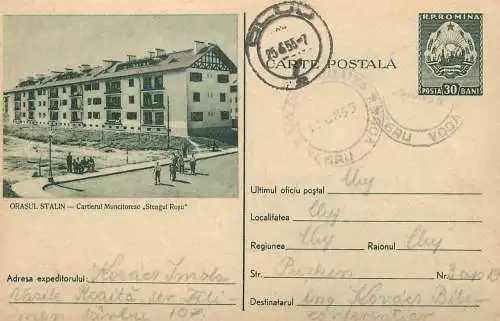 Romania postal stationery postcard Brasov Stalin cartier muncitoresc Steagul Rosu 1955