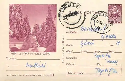 Romania postal stationery postcard peisaj de iarna in muntii Parang