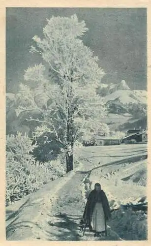 Vintage Postcard countryside old lady on heavy snow-covered road social history types and scenes