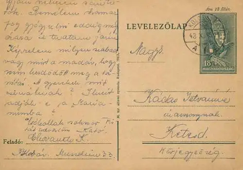 Hungary stationery card correspondence Kadas Istvan Ketesd 1943
