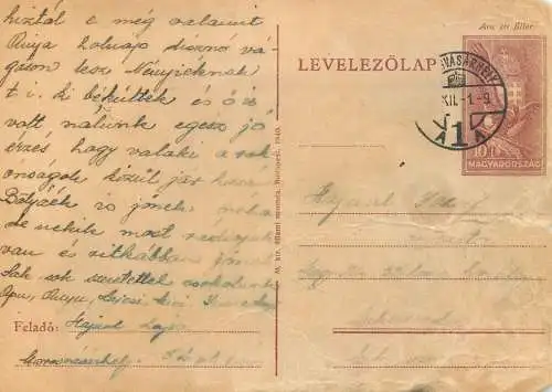 Hungary stationery card correspondence Haynal Joszef Csikszereda Marosvasarhey 1941