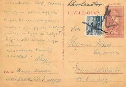 Hungary stationery card correspondence Bam Dems 1943 Haynul Erzsek