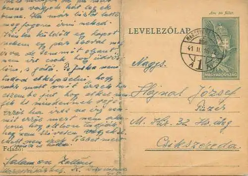 Hungary stationery card correspondence Haynal Joszef Csikszereda Marosvasarhey 1941