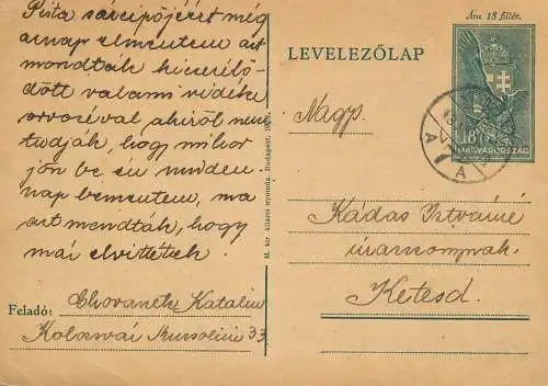Hungary stationery card correspondence Kadas Istvan Ketesd 1943