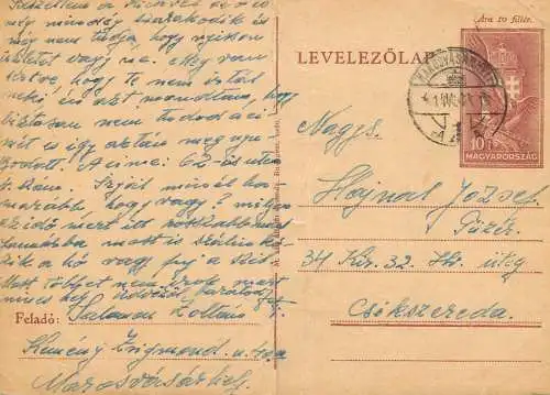 Hungary stationery card correspondence Hoynad Jozsef Csikszereda 1941