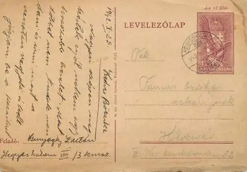 Hungary stationery card correspondence Tamas Enzike 1942