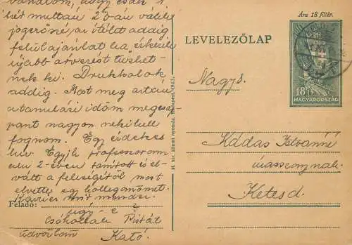 Hungary stationery card correspondence Molnar Imre Kadas Istvan 1934