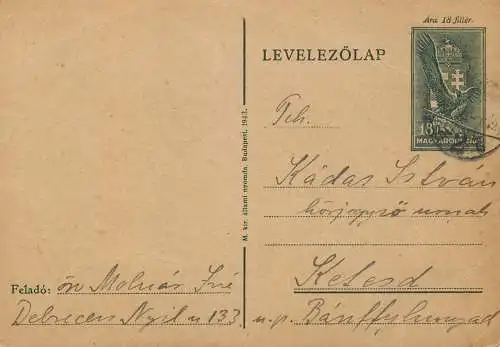 Hungary stationery card correspondence Molnar Imre Kadas Istvan 1934