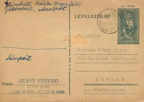 Hungary stationery card correspondence Kadasne Fabry Ilona Szasz Ferenc 1943