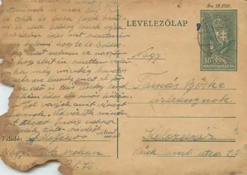 Hungary stationery card correspondence Tamas Boske Kolozsvar 1943