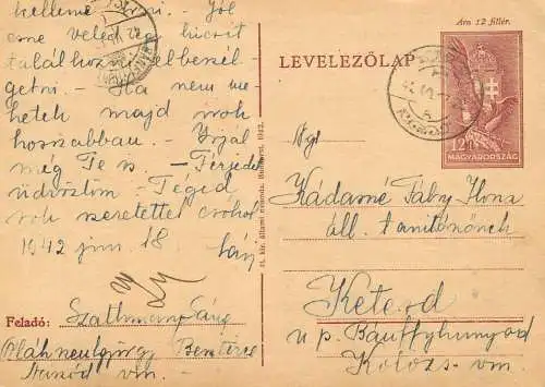 Hungary stationery card correspondence Kadame Faly Ilona Szathmansang