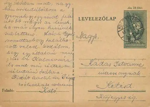 Hungary stationery card correspondence Kadas Istvamne
