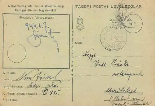 Hungary stationery card correspondence Vass Irenke 1944