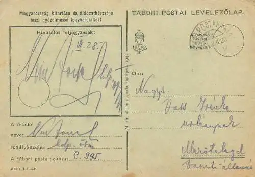 Hungary stationery card correspondence Vass Irenke 1944