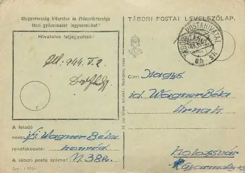 Hungary stationery card correspondence 1944 Wagner Bela Lary Laszlo