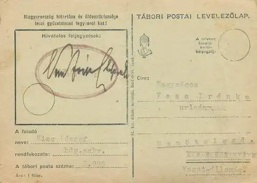 Hungary stationery card correspondence Kiss Jozsef 1944