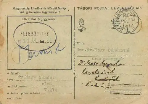 Hungary stationery card correspondence Nagy Sandor 1944