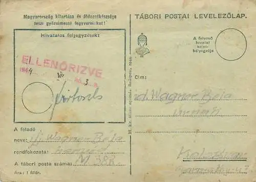 Hungary stationery card correspondence 1944 Wagner Bela Lary Laszlo