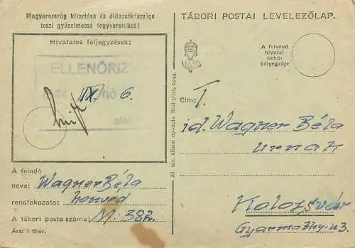 Hungary stationery card correspondence 1944 Wagner Bela Lary Laszlo