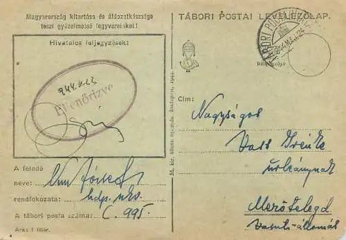 Hungary stationery card correspondence Vast Irenke 1944