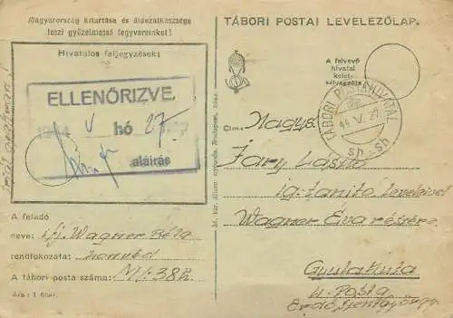 Hungary stationery card correspondence 1944 Wagner Bela Lary Laszlo