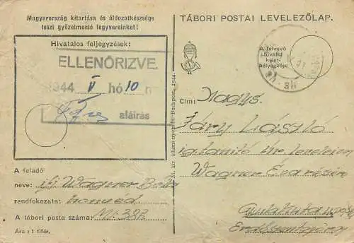 Hungary stationery card correspondence 1944 Wagner Bela Lary Laszlo