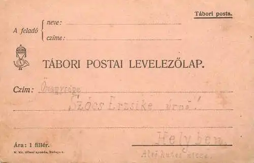 Hungary stationery card correspondence Szocs Erzsike HelyBen