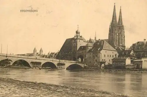 Germany Regensburg stone bridge and Cathedral view