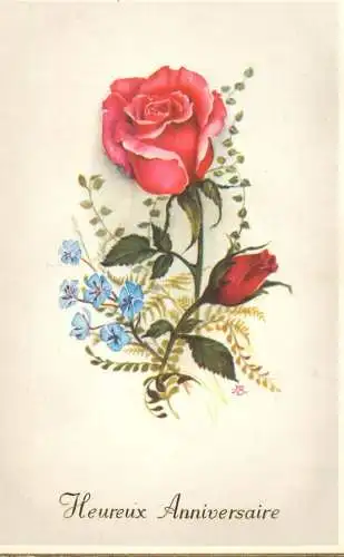 Heureux Anniversaire Birthday greetings red rose signed illustration