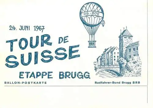 Ballon post tour de Suisse etape Brugg HB-BOE pilot Tr. Schoop Baden Ballon Postkarte 1967