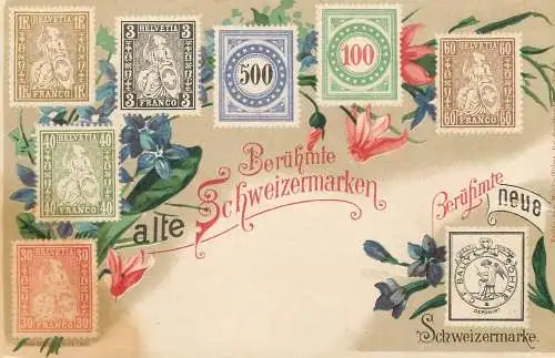 BERÜHMTE ALTE SCHWEIZERMARKEN TIMBRES SUISSE STAMP HELVETIA LITHO POSTCARD 1900s