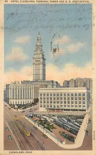 Hotel Cleveland terminal tower and US Post Office 1937 linen postcard