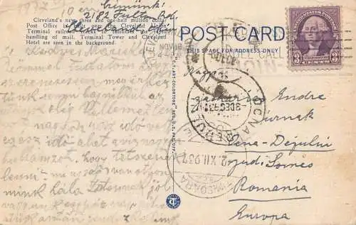 Hotel Cleveland terminal tower and US Post Office 1937 linen postcard