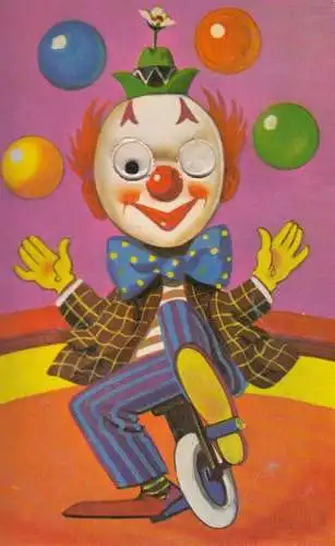 Comic caricature one eyed tricky cyclist joggler circus clown moving eye mechanical postcard