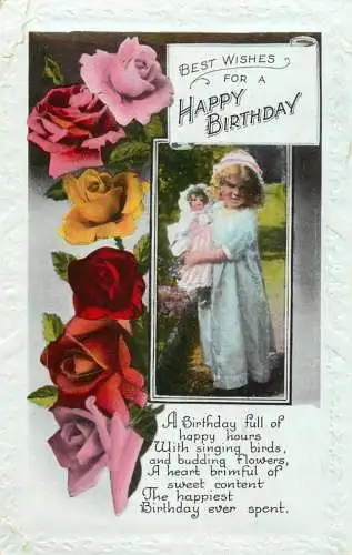 Happy birthday British greetings postcard girl with doll and roses