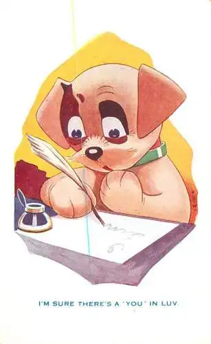 Dog caricature "I`m sure there`s a 'you' in Luv" - Jinky series postcard