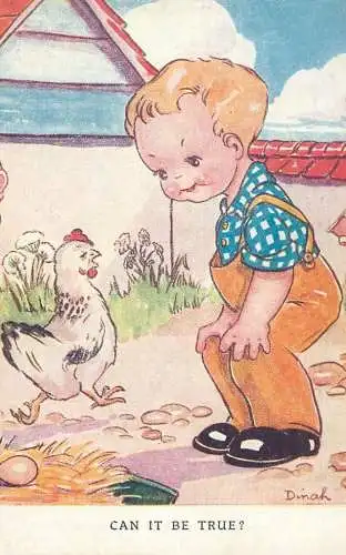 Can it be true? boy caricature and hen humour signed Dinak
