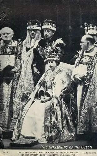 Scene in Westminster Abbey at the coronation of Queen Elizabeth - the enthroning of the Queen