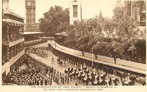 The Coronation of Her Majesty queen Elizabeth II royal coach approaching Westminster Abbey