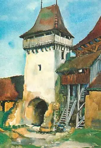 Romania Turnul de poarta al Cetatii taranesti din Viscri jud Brasov pictura (1970) Juliana Fabritius Dancu