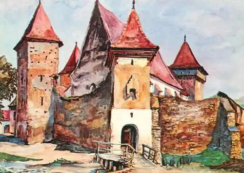 Romania Cetatea taraneasca din Valachid jud Sibiu pictura (1975) Juliana Fabritius Dancu