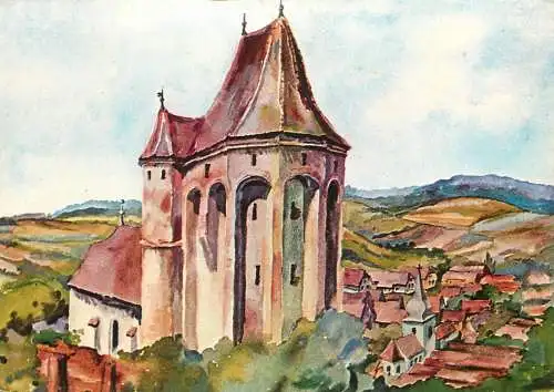 Romania Buzd jud. Sibiu Biserica fortificata sec XIV-XVI pictura (1974) Juliana Fabritius Dancu