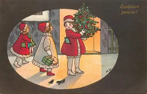 Christmas greetings Romania drawn children artist winter seasonal greetings vintage postcard