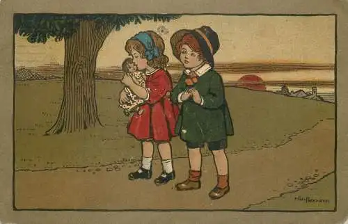 Boy looks as his girl cuddles her dolly. Artist: Ethel Parkinson Date: c.1911 (holed damage)