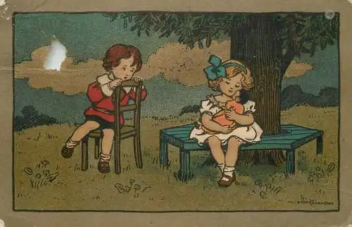 Boy looks on longingly as his girl cuddles her dolly. Artist: Ethel Parkinson Date: c.1911 (holed damage)
